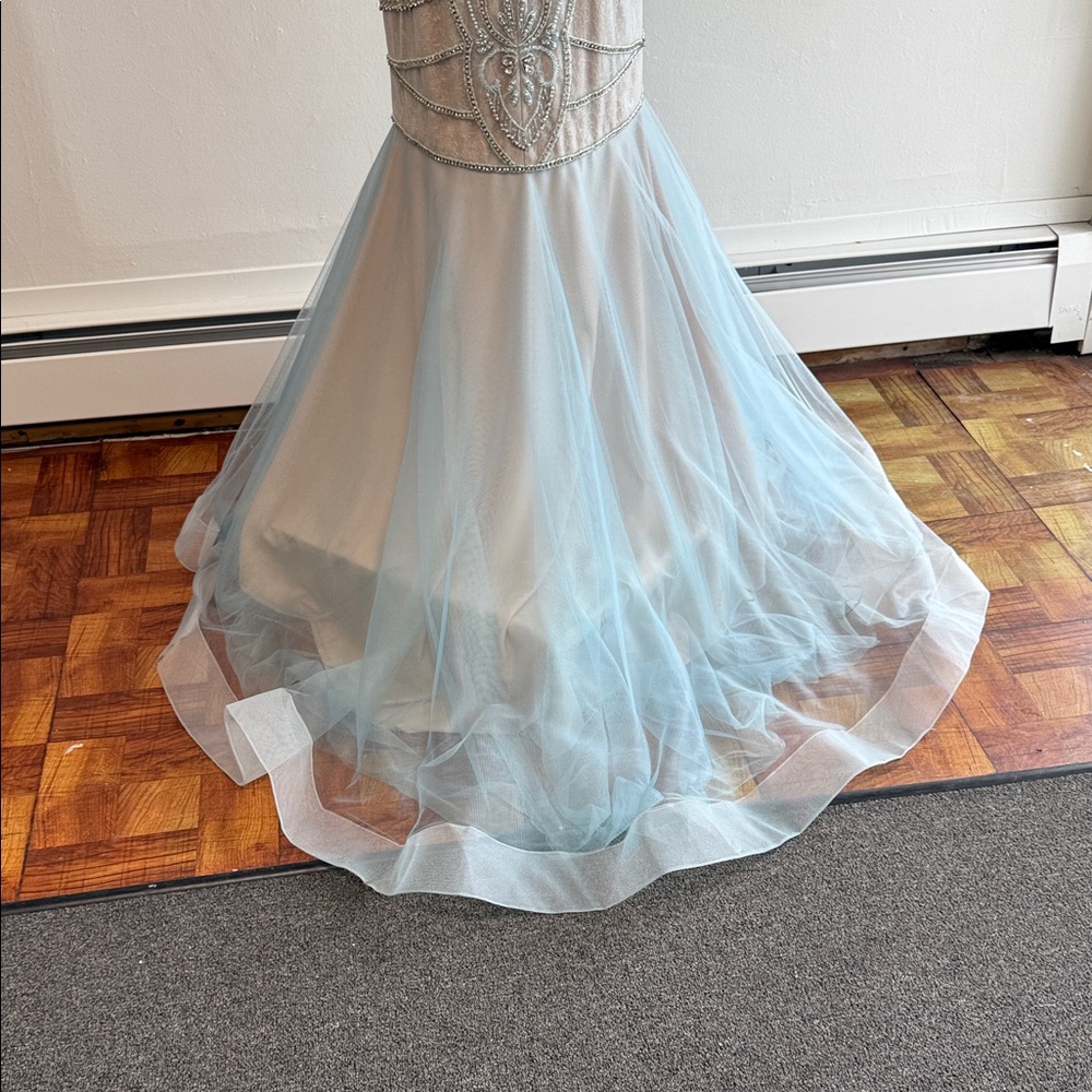 Terani Couture Beaded Illusion Bodice Mermaid Gown - Light Blue and Champagne - Picture 5 of 5